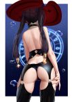  1girl absurdres alternate_costume ass ass_focus back bare_arms bare_shoulders black_choker black_hair black_panties blue_background border choker cowboy_shot ctrl+z genshin_impact glint gradient gradient_background hat highres long_hair magic_circle mona_(genshin_impact) outside_border panties red_headwear revealing_clothes solo twintails underwear very_long_hair water_drop white_border witch_hat 