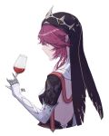  1girl alcohol backless_dress backless_outfit black_dress breasts cropped_torso cup dated dress drink drinking_glass elbow_gloves genshin_impact gloves highres holding holding_cup long_hair parted_lips profile purple_hair red_eyes rosaria_(genshin_impact) signature simple_background small_breasts solo upper_body veil white_background white_gloves wine wine_glass yang_zheng_yu 