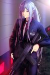  1girl 3_small_spiders absurdres ak-12 ak-12_(girls&#039;_frontline) artificial_eyes business_suit collarbone eyebrows_visible_through_hair formal girls&#039;_frontline gun hallway hand_on_hip highres holding holding_gun holding_weapon jacket kalashnikov_rifle long_hair looking_at_viewer necktie ponytail purple_eyes shaded_face silver_hair solo suit suit_jacket weapon 