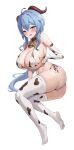  1girl absurdres animal_print ass bell bikini blue_hair blush breasts bridal_gauntlets brown_collar collar cow_print cowbell curled_horns ganyu_(genshin_impact) genshin_impact goat_horns highres horns jag_ging large_breasts lying mole mole_on_ass navel neck_bell on_side open_mouth print_bikini purple_eyes side-tie_bikini simple_background skindentation solo strap_gap sweat swimsuit white_background 