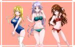  3girls alternate_costume alternate_hairstyle bikini blonde_hair breasts brown_eyes brown_hair cleavage cowboy_shot flat_chest green_eyes green_swimsuit highres i-8_(kancolle) kantai_collection large_breasts long_hair medium_breasts mole mole_under_eye multiple_girls name_tag navel pink_background red_swimsuit ryuka_hirg ryuujou_(kancolle) school_swimsuit silver_hair swimsuit thighhighs umikaze_(kancolle) umikaze_kai_ni_(kancolle) very_long_hair white_hair white_legwear yellow_eyes 