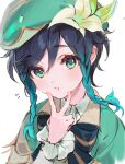  1boy aqua_eyes bangs beret black_hair blue_hair bow braid cape collared_cape dsmile flower frilled_sleeves frills genshin_impact gradient_hair green_cape green_headwear hat hat_flower male_focus multicolored_hair short_hair_with_long_locks side_braids solo twin_braids v venti_(genshin_impact) white_flower 