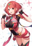  1girl :d absurdres bangs black_gloves blush breasts chest_jewel commentary_request earrings fingerless_gloves gem gloves green322 headpiece highres jewelry large_breasts looking_at_viewer pyra_(xenoblade) red_eyes red_hair red_legwear red_shorts short_hair short_shorts shorts smile solo swept_bangs thighhighs tiara xenoblade_chronicles_(series) xenoblade_chronicles_2 