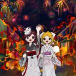  2girls :d aerial_fireworks album_cover arm_up bangs blonde_hair bow brown_eyes brown_hair candy_apple commentary_request cotton_candy cover feet_out_of_frame festival fireworks floral_print food gradient_kimono grey_kimono hair_bow highres holding holding_food japanese_clothes kimono lantern leaf_print long_hair long_sleeves looking_at_viewer maribel_hearn market_stall mask mask_on_head multiple_girls neruzou night obi obiage obijime open_mouth outdoors paper_lantern print_kimono purple_sash red_sash sash short_hair smile standing summer_festival touhou usami_renko waving white_kimono wide_sleeves yukata zun_(style) 