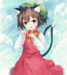 1girl :d animal_ears ar_(maeus) bangs blush bow bowtie brown_eyes brown_hair cat_ears cat_tail chen cloud day dress earrings eyebrows_visible_through_hair fang green_headwear hat highres jewelry light_blush long_sleeves looking_at_viewer mob_cap multiple_tails nekomata open_mouth outdoors paw_pose shirt short_hair single_earring skin_fang sky smile solo tail touhou two_tails white_shirt 