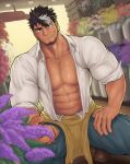  1boy abs absurdres apron bara blue_pants closed_mouth come_hither eyebrow_cut facial_hair flower focus_blur full_body hand_on_own_thigh highres ko_shushu large_pectorals lilac_(live_a_hero) live_a_hero looking_at_viewer male_focus mature_male multicolored_hair muscular muscular_male navel open_clothes open_shirt pants pectoral_cleavage pectorals shirt shoes short_hair sleeves_rolled_up solo squatting stomach stubble thick_arms thick_eyebrows thick_thighs thighs white_shirt 