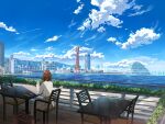  1girl aircraft airplane blue_sky breasts brown_hair brown_skirt building bush cafe chair city cityscape cloud commentary_request contrail cup day harbor holding holding_cup medium_breasts original outdoors railing restaurant scenery shirt shurock sitting skirt sky skyline skyscraper solo table tower white_shirt 