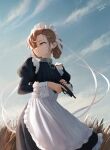  1girl apron azur_lane black_dress blue_sky breasts brown_hair chain closed_mouth collar dated day dress feet_out_of_frame frilled_dress frills grass gun hair_over_one_eye highres holding holding_gun holding_weapon juliet_sleeves long_sleeves looking_away looking_to_the_side maid maid_headdress medium_breasts orange_eyes outdoors puffy_sleeves sheffield_(azur_lane) short_hair signature sky sleeve_cuffs solo standing trigger_discipline waist_apron weapon white_apron yatarime 