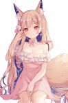  1girl animal_ear_fluff animal_ears bangs bare_shoulders blonde_hair blush bow bowtie breasts chariot.f cleavage closed_mouth collarbone copyright_request dress feet_out_of_frame fox_ears fox_girl fox_tail hand_up long_hair looking_at_viewer medium_breasts multicolored_hair off-shoulder_dress off_shoulder pink_bow pink_bowtie pink_dress purple_hair red_eyes simple_background single_sidelock sitting smile solo sparkle star-shaped_pupils star_(symbol) symbol-shaped_pupils tail thick_eyebrows two-tone_hair very_long_hair white_background 