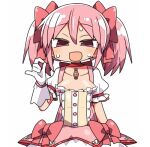  1girl :d blush bow breasts collarbone dress eyebrows_visible_through_hair gloves hair_bow half-closed_eyes handjob_gesture kaname_madoka kanikama looking_at_viewer lowres mahou_shoujo_madoka_magica pink_dress pink_eyes pink_hair puffy_short_sleeves puffy_sleeves short_sleeves small_breasts smile solo sweat tsurime twintails white_gloves 