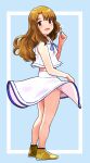  bangs bare_legs blue_background blue_ribbon breasts brown_eyes brown_hair flower full_body hanamasa_ono highres holding holding_flower idolmaster idolmaster_million_live! light_blush long_hair long_skirt looking_at_viewer looking_back medium_breasts miyao_miya neck_ribbon open_mouth ribbon sailor_collar shirt shoes simple_background skirt sleeveless sleeveless_shirt smile standing thick_eyebrows white_sailor_collar white_shirt white_skirt wind wind_lift yellow_footwear 