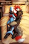  54 2022 anthro bed canid canine canis clothed clothing digital_media_(artwork) domestic_dog embrace footwear fur furniture hair hi_res hug male mammal mifa on_bed red_body red_fur red_hair red_nose smile socks 