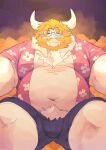  2022 absurd_res anthro asgore_dreemurr belly big_belly boss_monster bottomwear bovid bovine bulge caprine clothed clothing eyes_closed eyewear glasses hi_res kemono l4zily male mammal mature_male open_clothing open_shirt open_topwear overweight overweight_male shirt shorts sitting solo topwear undertale undertale_(series) video_games 