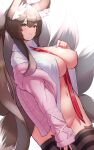  absurdres animal_ears areolae between_breasts blouse blush breasts brown_hair cardigan fox_ears green_eyes highres kitsune large_breasts looking_at_viewer navel nipples no_panties open_clothes original plushmallow shirt smile tail thighhighs ushimittsu 