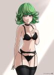  1girl absurdres black_bra black_choker black_legwear black_panties blush bra breasts choker cleavage closed_mouth collarbone garter_belt garter_straps green_eyes green_hair highres lingerie looking_at_viewer mistowing one-punch_man panties shiny shiny_hair shiny_skin short_hair small_breasts solo standing tatsumaki thighhighs underwear underwear_only 