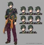  1boy angry armor belt blue_eyes clenched_teeth copyright expressions frown green_hair grimms_notes grin hair_over_one_eye makihitsuji male_focus official_art pants short_hair shoulder_armor smile solo standing teeth tim_(grimms_notes) 