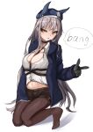  1girl absurdres bangs between_breasts black_gloves black_legwear black_shorts blue_choker blue_jacket blush breasts brown_eyes choker cleavage closed_mouth english_text eyebrows_visible_through_hair girls&#039;_frontline gloves grey_hair highres jacket kneeling long_hair looking_at_viewer medium_breasts navel necktie necktie_between_breasts no_shoes open_clothes open_jacket pantyhose shirt shorts solo speech_bubble spr_a3g_(girls&#039;_frontline) spxn7787 tongue tongue_out white_background white_shirt 