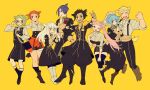  4boys 4girls animal_ears blonde_hair blue_hair boots braid brown_hair claude_von_riegan dark-skinned_male dark_skin deer_ears do_m_kaeru dress fire_emblem fire_emblem:_three_houses flower garreg_mach_monastery_uniform glasses green_hair hilda_valentine_goneril hooves ignatz_victor leonie_pinelli long_hair lorenz_hellman_gloucester lysithea_von_ordelia marianne_von_edmund multiple_boys multiple_girls one_eye_closed orange_hair pink_hair purple_hair raphael_kirsten rose shorts suspenders twintails white_hair yellow_background 