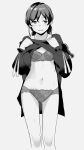  1girl banned_artist bra braid breasts clothes_lift cowboy_shot dress dress_lift facing_viewer greyscale kantai_collection long_hair makio_(makiomeigenbot) monochrome official_alternate_costume panties sideways_glance single_braid small_breasts solo souya_(kancolle) underwear 