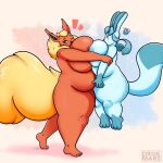  anthro belly big_breasts black_sclera blue_body blue_fur blue_nipples bottomwear breast_squish breasts clothing dark_nipples drokmars duo eeveelution embrace female flareon fluffy fluffy_tail fur glaceon grumpy happy hi_res hug huge_breasts hyper hyper_breasts lifted lifting male male/female melody_(drokmars) nintendo nipples nude orange_body orange_fur orange_nipples overweight overweight_female pok&eacute;mon pok&eacute;mon_(species) pupils shorts size_difference slightly_chubby squish thick_thighs tight_clothing tight_fit video_games white_pupils yellow_body yellow_fur 