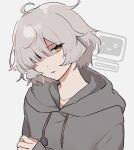  1girl ahoge expressionless grey_hair grey_hoodie hair_over_eyes head_tilt hood hoodie jitome magia_record:_mahou_shoujo_madoka_magica_gaiden mahou_shoujo_madoka_magica miwa_mitsune orange_eyes pockettohouse power_symbol short_hair simple_background solo unamused upper_body white_background 