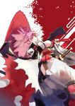  1girl absurdres baiken bana_(stand_flower) bangs breasts cleavage eyepatch facial_mark guilty_gear guilty_gear_xrd highres japanese_clothes katana kimono large_breasts open_clothes open_kimono pink_hair ponytail red_background red_eyes rope rope_belt samurai sash scar scar_across_eye scar_on_face sheath sheathed sideboob simple_background skull_print solo sword umbrella weapon 
