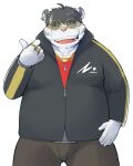 2022 absurd_res anthro belly big_belly bottomwear clothing eyewear felid glasses hi_res humanoid_hands kemono male mammal one_eye_closed overweight overweight_male pants shiike999 shirt simple_background solo topwear wink 