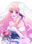  1girl bare_shoulders blonde_hair blush bouquet breasts bridal_veil cleavage dress earrings eyebrows flower gloves hair_flower hair_ornament happy highres jewelry large_breasts long_hair macross macross_frontier open_mouth sechi_(stst1850) sheryl_nome single_earring sleeveless sleeveless_dress solo veil wedding_dress white_gloves 