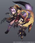  1girl angry animal_feet animal_nose black_background black_gloves blue_eyes chaos_belle clenched_teeth full_body gloves gradient gradient_background grimms_notes hood hood_up official_art purple_hair ribbon sakanahen scarf solo tail tail_raised teeth 