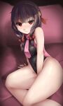  1girl black_hair bow breasts eyebrows_visible_through_hair hair_between_eyes hair_bow highres kono_subarashii_sekai_ni_shukufuku_wo! large_breasts looking_at_viewer one-piece_swimsuit oren_(770len) red_bow red_eyes shiny shiny_clothes shiny_skin short_twintails simple_background solo swimsuit thick_thighs thighs twintails yunyun_(konosuba) 