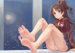  1girl arm_support bangs bare_legs barefoot blush botan_m bow bowtie breasts brown_eyes brown_hair cardigan closed_mouth commentary_request eyebrows_visible_through_hair feet foreshortening frilled_skirt frills hair_bow half_updo idolmaster idolmaster_cinderella_girls knees_up legs long_hair long_legs long_sleeves medium_breasts miniskirt panties pantyshot plaid plaid_bow plaid_bowtie plaid_skirt pleated_shirt red_bow red_bowtie red_cardigan school_uniform shimamura_uzuki shiny shiny_skin sidelocks sitting skirt smile soles solo thighs toes underwear white_panties 