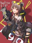  1girl absurdres bangs black_choker black_gloves black_legwear blush breasts brown_dress bullpup choker commentary commission double_bun dress eyebrows_visible_through_hair eyewear_on_head feet_out_of_frame girls&#039;_frontline gloves gun hair_ornament hairclip highres holding holding_gun holding_weapon leaning_forward light_brown_hair looking_at_viewer medium_breasts open_mouth p90 p90_(girls&#039;_frontline) pixiv_request r9k1 red_background red_eyes short_hair smile solo standing submachine_gun sunglasses teeth thighhighs upper_teeth weapon 