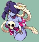  1girl absurdres bare_shoulders blue_hair blue_skin breasts character_request colored_skin detached_collar detached_sleeves green_background hair_over_one_eye highres long_hair looking_at_viewer non-web_source side_ponytail simple_background skull skullgirls slugbox solo squigly_(skullgirls) stitched_mouth stitches striped_sleeves 
