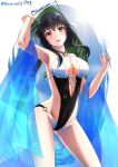  1girl arm_up bangs black_hair black_swimsuit blue_sky blush breasts center_opening cleavage closed_eyes floral_print hachiware_(8ware63) hands_up highres holding holding_eyewear kantai_collection long_hair looking_at_viewer o-ring o-ring_swimsuit one-piece_swimsuit open_mouth palm_leaf red_eyes sky solo sun sunglasses swimsuit twitter_username two-tone_swimsuit white_swimsuit yamashiro_(kancolle) 