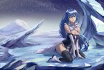  1girl blue_eyes blue_hair cang_yue_(tou_xing_jiuyue_tian) gloves highres ice long_hair looking_at_viewer night shoes sitting solo thighhighs thighs tou_xing_jiuyue_tian waist_cape white_gloves world_(1257843324) 