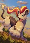  absurdres cloud commentary_request day fangs from_below grass green_eyes highres looking_to_the_side no_humans open_mouth outdoors pokemon pokemon_(creature) pyroar pyroar_(female) signature sky solo standing tanpakuroom tongue 