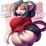  absurd_res anthro big_breasts big_butt breasts butt butt_grab clothing curvy_figure domestic_cat fate_(trinity-fate62) felid feline felis female green_hair hair half-closed_eyes hand_on_butt hi_res huge_butt looking_at_viewer mammal narrowed_eyes pink_body simple_background smile solo standing text thick_thighs trinity-fate62 voluptuous yellow_eyes 