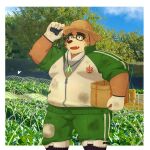  2022 anthro black_nose blush bodily_fluids bottomwear brown_body brown_fur clothing eyewear fur glasses hat headgear headwear hi_res humanoid_hands kemono lifewonders male mammal outside overweight overweight_male pants reading shirt solo straw_hat sweat tokyo_afterschool_summoners topwear ursid video_games volos yaki_atsuage 