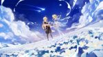  1boy 1girl aether_(genshin_impact) ahoge bare_shoulders blonde_hair braid brother_and_sister cloud cloudy_sky detached_sleeves dress earrings field flower flower_field genshin_impact hair_flower hair_ornament highres jewelry lumine_(genshin_impact) official_art scarf shooting_star short_hair_with_long_locks short_sleeves siblings single_braid single_earring sky white_dress white_legwear white_scarf yellow_eyes 