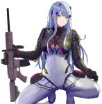  1girl 3_small_spiders absurdres assault_rifle bangs black_gloves blue_hair bodysuit breasts closed_mouth commentary eyebrows_visible_through_hair girls&#039;_frontline gloves green_eyes gun h&amp;k_hk416 hair_ornament hairclip highres hk416_(girls&#039;_frontline) hk416_(midnight_evangelion)_(girls&#039;_frontline) holding holding_gun holding_weapon long_hair long_sleeves looking_at_viewer medium_breasts official_alternate_costume rifle sitting solo teardrop_facial_mark teardrop_tattoo weapon white_background 