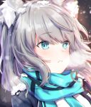  1girl absurdres animal_ears black_jacket blue_archive blue_eyes blue_scarf blush breath cross_hair_ornament facing_viewer hair_ornament highres jacket looking_afar medium_hair mismatched_pupils parted_lips scarf shiroko_(blue_archive) silver_hair snow snow_on_head solo unha upper_body winter 