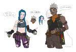  1boy 1girl alternate_costume alternate_universe arcane:_league_of_legends arcane_ekko arcane_jinx bangs bare_shoulders belt black_shirt blue_hair braid brown_belt brown_gloves brown_pants cloud_tattoo collarbone dark-skinned_male dark_skin earrings ekko_(league_of_legends) english_text explosive facial_mark fingerless_gloves firelight_ekko gloves goggles goggles_on_head grenade heart highres holding holding_grenade holding_weapon jewelry jinx_(league_of_legends) league_of_legends long_hair looking_at_viewer monkey_tattoo mush820823 navel official_alternate_hairstyle pants parted_lips pink_pants pouch shirt smile speech_bubble striped striped_pants teeth twin_braids twintails weapon yellow_eyes 