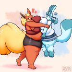  anthro belly big_breasts black_sclera blue_body blue_fur bottomwear breast_squish breasts clothing cutoffs denim denim_clothing drokmars duo eeveelution embrace female flareon fluffy fluffy_tail fur glaceon grumpy happy hi_res hug huge_breasts hyper hyper_breasts lifted lifting male male/female melody_(drokmars) nintendo orange_body orange_fur overweight overweight_female pok&eacute;mon pok&eacute;mon_(species) pupils shorts size_difference slightly_chubby squish thick_thighs tight_clothing tight_fit video_games white_pupils yellow_body yellow_fur 