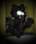  angry anthro black_body black_fur breasts canid canine canis claws clothing cursed_image darkness empty_eyes fangs female flashlight fur glowing glowing_eyes hi_res inner_ear_fluff jacket mammal mostly_nude neck_tuft nipples open_mouth sharp_teeth signature solo stairs teeth topwear tuft watermark were werecanid werecanine werewolf wolf wub_(artist) 
