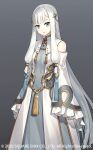  1girl bare_shoulders character_request detached_sleeves dress frilled_sleeves frills gradient gradient_hair grey_background grimms_notes hair_ornament long_dress long_hair low_twintails multicolored_hair official_art open_mouth sakanahen solo twintails upper_body very_long_hair white_dress 