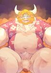  2022 absurd_res anthro asgore_dreemurr balls belly big_belly boss_monster bovid bovine caprine clothed clothing eyes_closed eyewear flaccid genitals glasses hi_res humanoid_genitalia humanoid_penis kemono l4zily male mammal mature_male open_clothing open_shirt open_topwear overweight overweight_male penis shirt sitting solo topwear undertale undertale_(series) video_games 