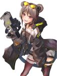  1girl absurdres bangs black_choker black_gloves black_legwear blush breasts brown_dress bullpup choker commentary commission double_bun dress eyebrows_visible_through_hair eyewear_on_head feet_out_of_frame girls&#039;_frontline gloves gun hair_ornament hairclip highres holding holding_gun holding_weapon leaning_forward light_brown_hair looking_at_viewer medium_breasts open_mouth p90 p90_(girls&#039;_frontline) pixiv_request r9k1 red_eyes short_hair smile solo standing submachine_gun sunglasses teeth thighhighs upper_teeth weapon white_background 