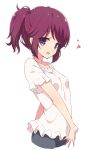  1girl bangs blush breasts collarbone eyebrows_visible_through_hair heart highres looking_at_viewer machikado_mazoku mel_(melty_pot) open_mouth ponytail purple_eyes purple_hair shirt short_sleeves simple_background small_breasts smile solo white_background white_shirt yoshida_ryouko 