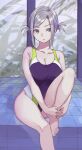  1girl awashima_seri barefoot breasts commentary_request commission competition_swimsuit feet_out_of_frame green_eyes hugging_own_legs k_(anime) large_breasts mitsuyo_(mituyo324) one-piece_swimsuit purple_swimsuit short_hair silver_hair solo swimsuit twintails 