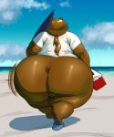  2022 anthro beach big_butt biped bottomless brown_bear brown_body brown_fur brown_hair butt clothed clothing cooler female footwear fur hair hi_res huge_butt mammal motion_lines overweight overweight_anthro overweight_female pearypanda ponytail sandals savannah_(pearypanda) seaside short_tail simple_background solo umbrella ursid ursine wide_hips 